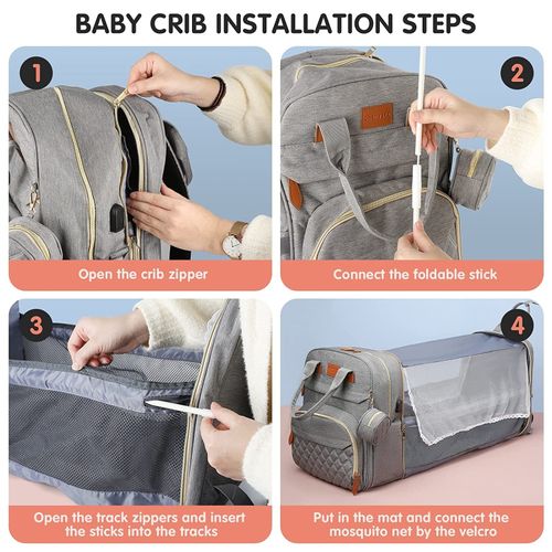 Generic Sac à couches pliable 3-en-1 Sac mère et bébé avec chargement USB -  Gris - Prix pas cher