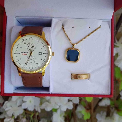 product_image_name-Fahion-Box cadeau Ensemble longue chaîne Homme 60cm  , Montre et bague jesus Doré   En Acier Inoxydable Pendentif carré inscrusté de Noir idéal cadeau de saint valentin, anniversaire,  mariage, baptêmes -1