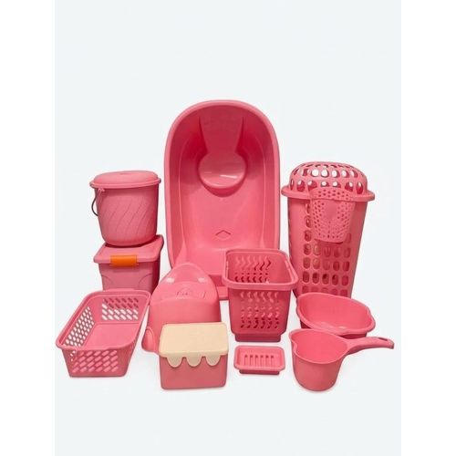 Generic Kit Set de Bain Bébé Complet - Baignoire Ergonomique, Pot, Panier & Accessoires Plastique Rose