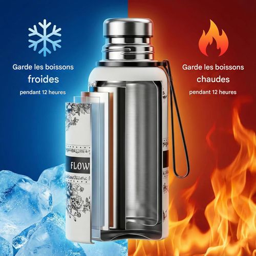 product_image_name-Harajuku Mini-Bouteille d'eau isotherme Flower Cup 800 ml, en acier inoxydable, élégante avec motif floral noir et blanc et bandoulière pratique-2