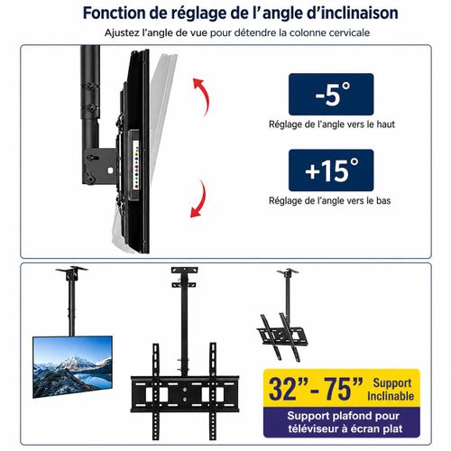 ANTHO Support Plafond TV Inclinable 32" – 75" Réglable – Fixation Universelle VESA - image 2