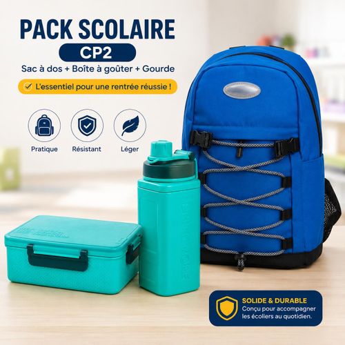 Generic Pack Scolaire CP2 3 en 1 – Sac à Dos + Boîte à Goûter + Gourde – Bleu