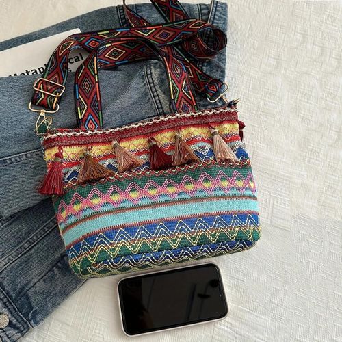product_image_name-General-Bohemian style woven tassel bucket bag, bright geometric pattern embroidery, adjustable wide shoulder strap, lightweight women's shoulder bag, ethnic style niche woven handbag one-shoulder versatile tassel women's bag-3