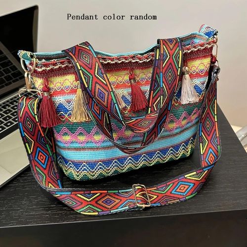 product_image_name-General-Bohemian style woven tassel bucket bag, bright geometric pattern embroidery, adjustable wide shoulder strap, lightweight women's shoulder bag, ethnic style niche woven handbag one-shoulder versatile tassel women's bag-4