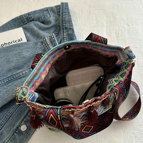 product_image_name-General-Bohemian style woven tassel bucket bag, bright geometric pattern embroidery, adjustable wide shoulder strap, lightweight women's shoulder bag, ethnic style niche woven handbag one-shoulder versatile tassel women's bag-7