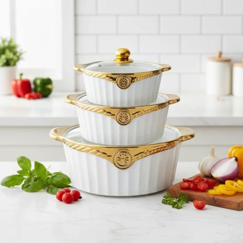 Generic Lot de 3 Cocottes avec Couvercles – Design Blanc et Doré - image 2