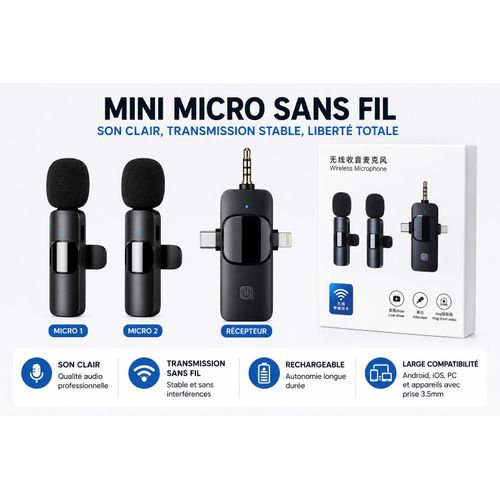 Article Mini Micro Sans Fil Professionnel – Double Microphone Lavalier pour Smartphone