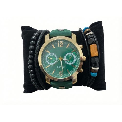 product_image_name-Fashion-Coffret Cadeau Homme 3-en-1 : Montre Dorée Cadran Vert Émeraude & Ensemble de 2 Bracelets (Perles Noires & Turquoise) - Style Moderne et Audacieux-1