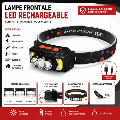 Generic Lampe Frontale LED Rechargeable USB – Haute Puissance – 3 Modes d'Éclairage