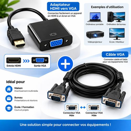 Generic Pack Adaptateur HDMI vers VGA + Câble VGA