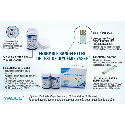 Generic Boîte de 50 Bandes réactives de Glycémie pour Test de Glycémie, Auto-Code & Électrodes à 9 Broches - image 3