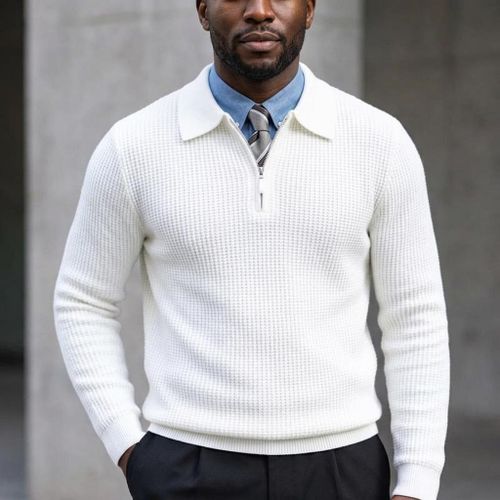 Sans Nom Pull Homme Col Chemise Zippé en Maille Gaufrée BLANC