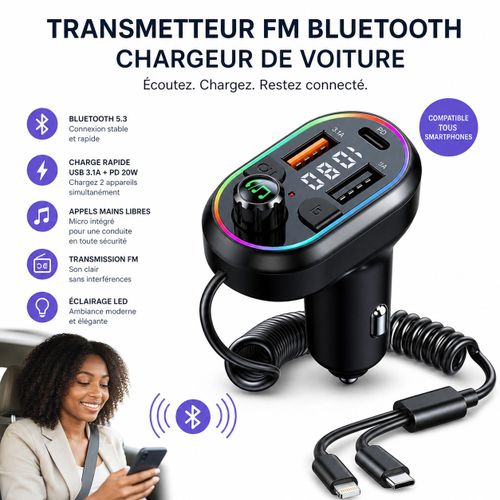 Generic Transmetteur FM Bluetooth 5.0 pour voiture, adaptateur audio sans fil avec chargeur USB PD 25 W, kit mains libres et lecteur MP3 intégré