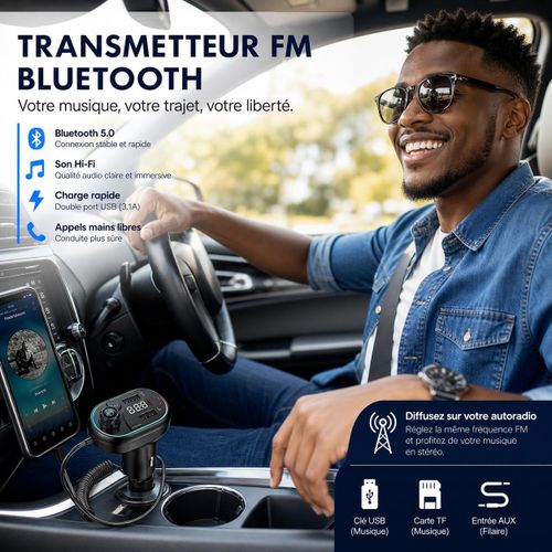 Generic Transmetteur FM Bluetooth 5.0 pour voiture, adaptateur audio sans fil avec chargeur USB PD 25 W, kit mains libres et lecteur MP3 intégré - image 2