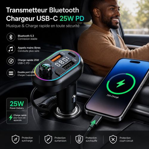Generic Transmetteur FM Bluetooth 5.0 pour voiture, adaptateur audio sans fil avec chargeur USB PD 25 W, kit mains libres et lecteur MP3 intégré - image 4