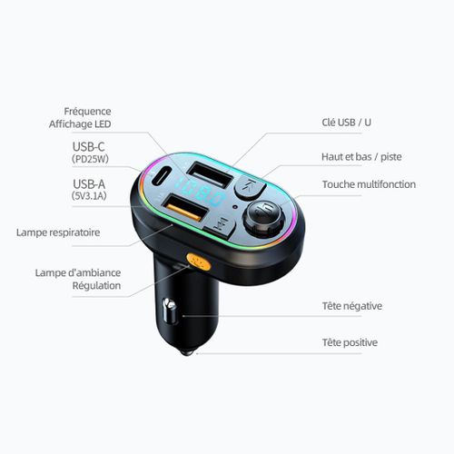 Generic Transmetteur FM Bluetooth 5.0 pour voiture, adaptateur audio sans fil avec chargeur USB PD 25 W, kit mains libres et lecteur MP3 intégré - image 8