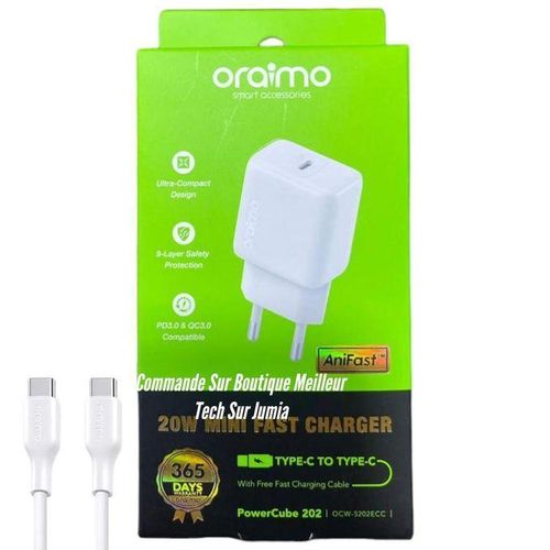 Oraimo POWERCUBE 202-OCW-5202ECC - chargeur de téléphone 20W - câble type-C à type-C - blanc