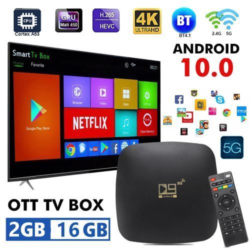 Generic Boîtier Smart TV D9,Boîtier Décodeur Smart TV Android 10, 4K HD,  WiFi 2.4GHz 5GHz - 2G+16G - Prix pas cher