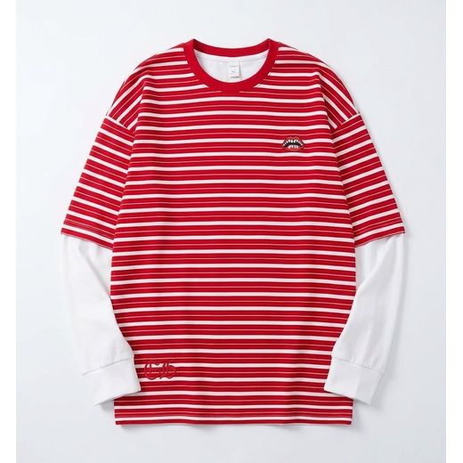 Mode T-shirt Manches Longues Superposées Rayé Rouge et Blanc (Design Urban Streetwear)