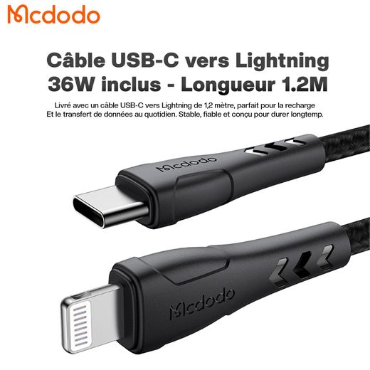 Mcdodo Chargeur Apple 20W Fast Charge, USB-C - Câble USB-C vers Lightning 36W- 1.2M -- Pour iPhone 8-14, iPad - NOIR - image 4