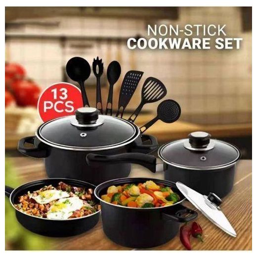 Generic Ensemble de 13 pièces de batterie de cuisine, comprenant une poêle antiadhésive, une casserole et une poêle à frire.