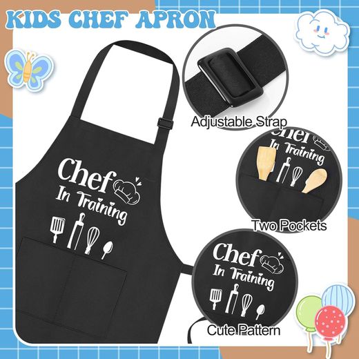 Generic Ensemble Tablier et Toque de Chef pour Enfants, Tablier de Cuisine Réglable avec 2 Poches - image 3