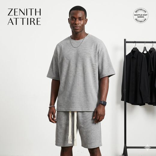 Fashion Ensemble décontracté deux pièces pour homme – T-shirt ample et short en maille gaufrée – Ensemble de sport d'été respirant (avec cordon de serrage à pompons) – Gris