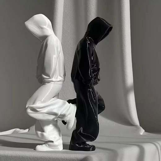 Generic 2pcs Figurine du Penseur Sans Visage, noir et blanc, figurine abstraite à capuche, statue minimaliste, décoration de bureau à domicile, ornement, 2 pièces - image 3