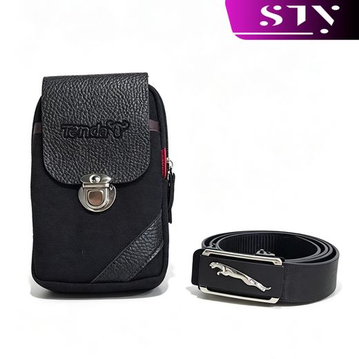 STY Sac téléphone et ceinture pour hommes 2-en-1, sac taille simple avec ceinture - Noir