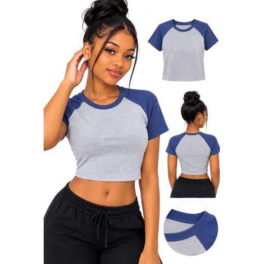 T-shirt femme court (Crop Top) à manches courtes bicolore gris chiné et bleu
