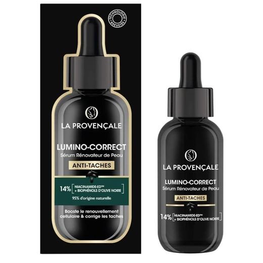 Sérum Visage Rénovateur Anti-Tache Lumino-Correct LA PROVENÇALE À La Niacinamide+ Biophenols D'olive Noire 30ml Tous Types Peaux Importé De France 