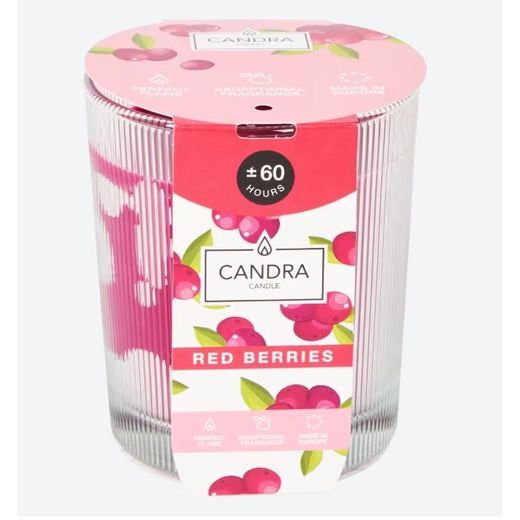 Bougie parfumée Candra, RED BERRIES ( Baies rouges), durée parfumage de. 60 heures pot en verre. Dégage un parfum floral subtil. dans votre maison.Très très longue durée pendant des mois. Diam= 9,5X11cm Importé de France.