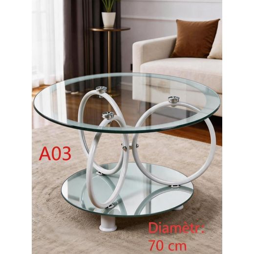 Table Basse Ronde Moderne en Verre Trempé et Piètement Blanc - Modèle A03 (Diamètre 70 cm)   