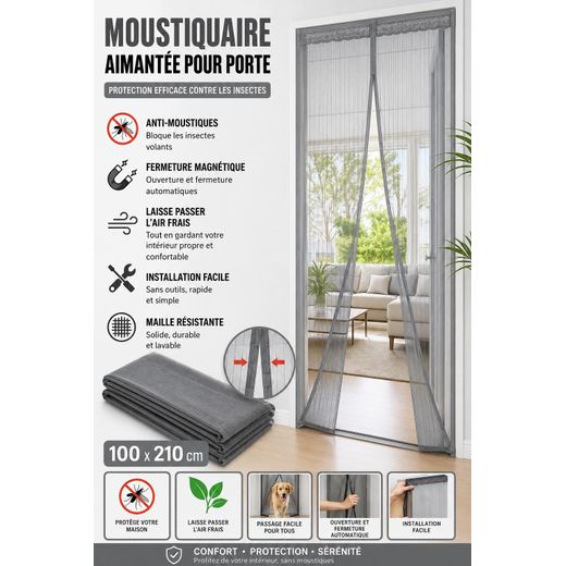 Rideau Moustiquaire Magnétique Pour Porte 100 x 210 cm – Anti-Moustiques – Fermeture Automatique
