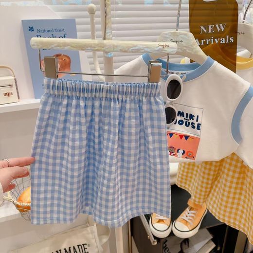 MAISON SOPHIE Ensemble été pour enfant : débardeur cartoon + short à carreaux, avec sifflet de football offert, style mignon - image 2