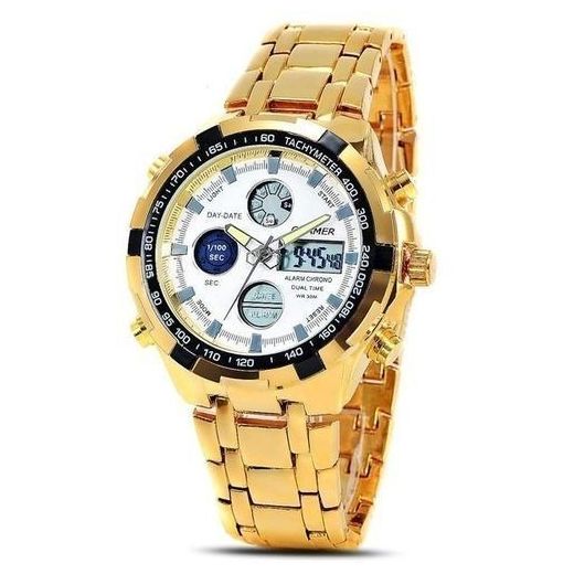 Quamer Montre Dual Chrono Analogique Et Numérique Fond Blanc - Doré