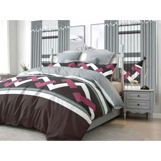 Belle Parure de Lit 3 Places 6 PiècesDraps de Lit 3 places, 2 Draps-240×260cm 2 taies-60×80cm 2 Rideaux-150×220cm - MARRON GRIS - image 2