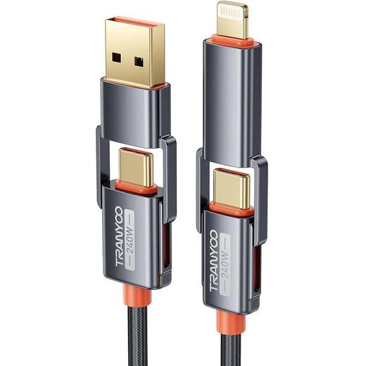 Generic Câble de charge rapide TRANYOO 4 en 1 USB-C vers USB-C (240 W) avec connecteurs USB-A et Lightning intégrés (240 W), câble plat à charge rapide - image 2