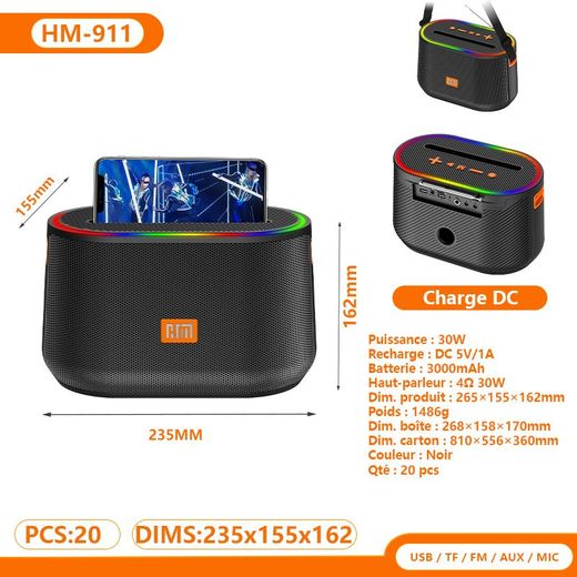 Enceinte Bluetooth portable avec poignée amovible et bande lumineuse RGB sur le dessus, puissance 30W, grande batterie, support pour téléphone et port micro pour maison et extérieur