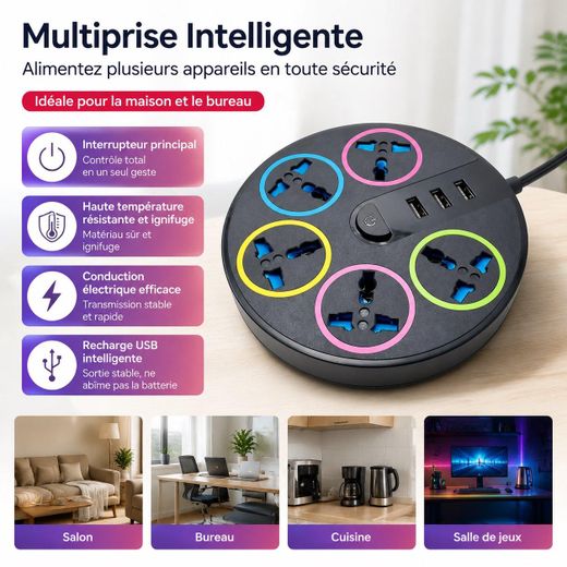 Generic Multiprise ronde avec ports USB (câble de 2M)