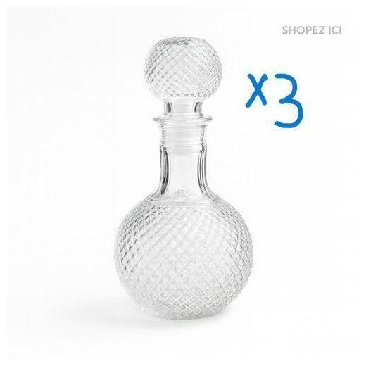 Lot de 3 carafes en verre, decanteur whisky ciselé, bouteille de service vintage cristal, carafe a eau bouchon rond losanges, flacon liqueur retro bar, verrerie deco table mariage, carafe globe spiritueux  ,  