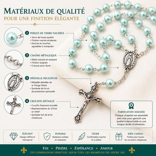 Generic Chapelet Catholique en Perles de Verre Nacrées Vert d'Eau – Collier de Prière Chrétien avec Crucifix Métallique - image 4