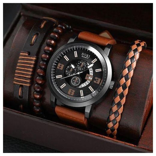 Fashion 4PCS New Men's Business Alloy Watch Set Cool Quartz Watch + Bracelet Perlé Polyvalent-