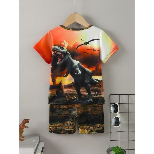 Catpapa 4-7 ans, garçon, ensemble 2 pièces, imprimé dinosaure ultra réaliste, t-shirt + short, tendance et mode - image 2