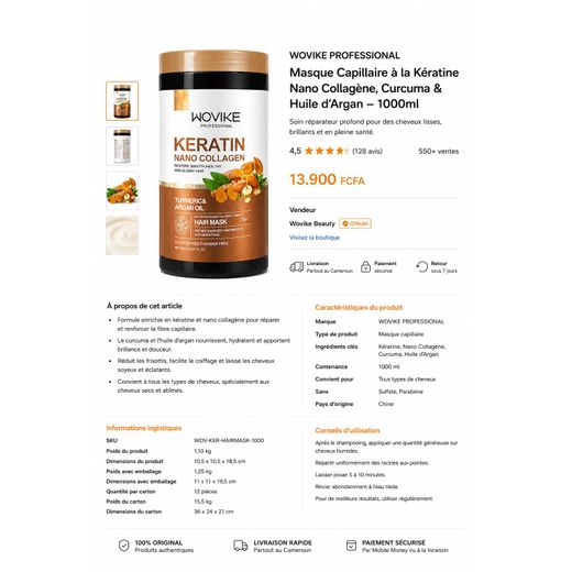 Generic WOVIKE Professional Keratin Nano Collagen Hair Mask – Curcuma & Huile d’Argan 1000ml - image 2
