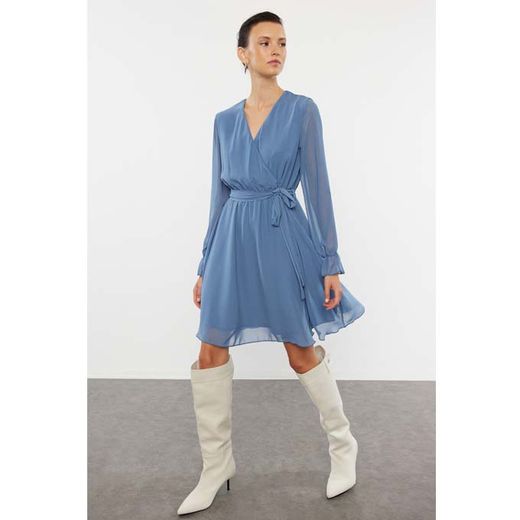 Trendyol Robe Courte À Double Boutonnage Et Ceinture Unie Bleu TWOAW20EL0789 - image 2