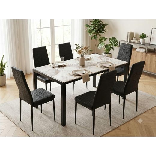 Table De Salle À Manger En marbre 150 cm (L) x 80 cm (l) x 75 cm (h) Et Ensemble De 6 Chaises Rembourrées