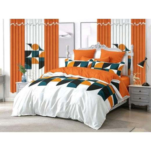 Belle Parure de Lit 3 Places 6 PiècesDraps de Lit 3 places, 2 Draps-240×260cm 2 taies-60×80cm 2 Rideaux-150×220cm -Orange-blanc-vert