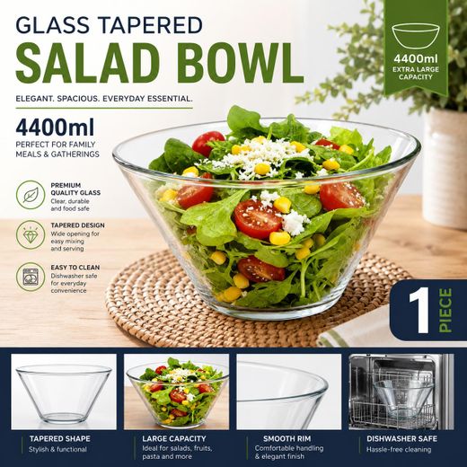 Generic Saladier en Verre Grande Capacité 4400 ml – Bol à Salade Transparent Premium – Design Évasé Moderne – Compatible Lave-Vaisselle – Pour Fruits, Pâtes et Collations - image 4