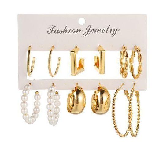 SXCHEN Boucles d'oreilles Femme 6 Paires Alliage Doré Créoles Géométriques Perles pour Mariage Soirée Chic Doré